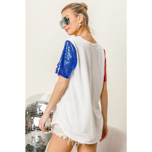 BiBi Metallic Letter V-Neckline Sequin Short Sleeves Relaxed Fit Top | Off White - Picture 5 of 11